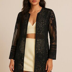 Elegant Sheer Black Duster Coat with Guipure Lace, NEW, one-of-a-kind
